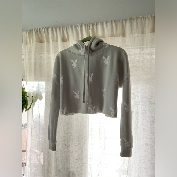 PLAYBOY x MISSGUIDED Cropped Hoodie, Size: US2, Light Grey/White - Picture 2 of 5
